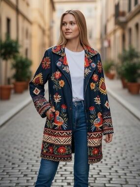 Embroidered Navy Boho Coat with Floral & Bird Motifs